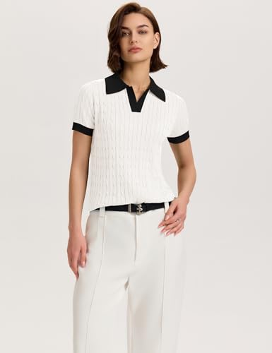 Image of Micoson Womens Short Sleeve Sweater Tops Lapel V Neck Polo Shirts 2026 Summer Cable Knit Loose Blouse Business Casual Outfits