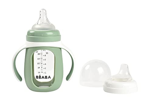 Béaba Tasse/Biberon d'apprentissage 2 en 1, En Verre, Housse Silicone, Solide, Sain, 100% Etanche, Poignées amovibles, 210ml, Vert sauge