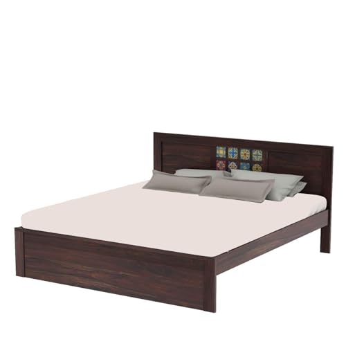 Image of Sheesham Wood King Size Bed Without Storage | Wooden Bed King Size Double Cot Palang Bed for Bedroom | Tile Design Headboard Bed for Living Room | Walnut Finish