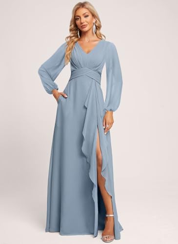 Dessiny Lantern Sleeves Bridesmaid Dresses for Women with Slit V Neck Pleated Chiffon Maxi Formal Dress with Pockets DE2073