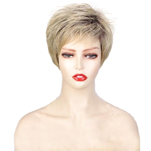 Perruque courte à frange droite cheveux lisses blonds dorés bandeau pour femme