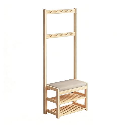 Image of YOWLLXOF Hall Tree with Bench and Shoe Storage,3-in-1standing Coat Rack,Solid Wood,Multi-Purpose Home Organizer,for Bedroom, Hallway, Entrance, Office(Double rowWood,67.9 * 12.2 * 25.2in)