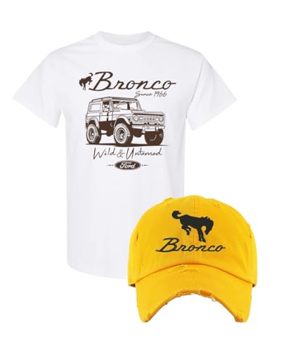 Image of Bronco Dad Hat Vintage Car Lover Embroidered Adjustable Cap (M, White Wild and Untamed T Shirt and Gold Dad Hat)