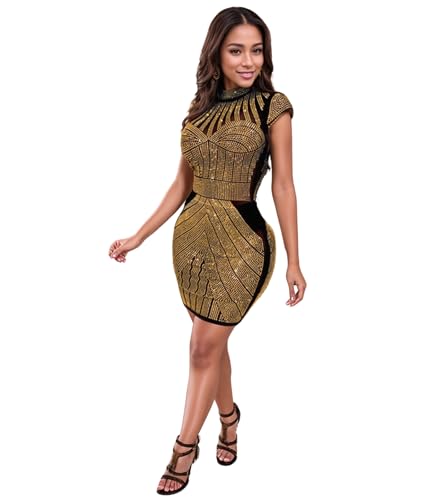 Image of Jigfar Women's Sexy Rhinestone Sheer Mesh See Through Bodycon Dress Birthday Party Club Night Outfits