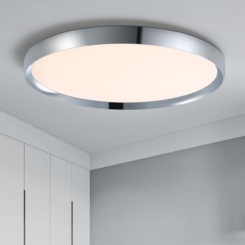 Image of SHINELUX Modern Bathroom LED Ceiling Light, 50cm Chrome Round Flush Mount Ceiling Light, Dimmable 3000K-6000K, 40W, Ultra-Thin Minimalist Office Lighting for Living Room, Bedroom, Kitchen, Hallway