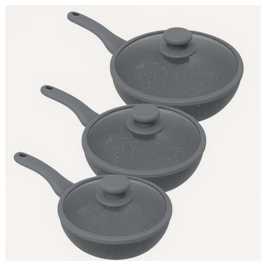 Generico Tris padelle Bavaria in pietra lavica antiaderenti 3 Padelle + 3 Coperchi Pietra Lavica 20-24-28cm, Pietra Lavica, Adatto a piano a Gas e a Induzione, Padelle e Coperchi (Grigio)