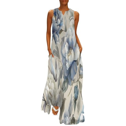 Robe longue imprimé pivoines d'été pour femme maxi robe grande taille lâche avec poches col V