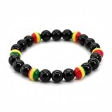 BDM Rasta Beaded Bracelet for Men and Women | Reggae Colors and Black Beads Stretch Bracelet | Jamaican Festival Style Jewelry | Symbol of Peace and Love