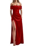 Memoriesea Women's Elegant Off Shoulder High Split Bodycon Evening Wedding Maxi Dress Red