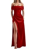 Memoriesea Women's Elegant Off Shoulder High Split Bodycon Evening Wedding Maxi Dress Red