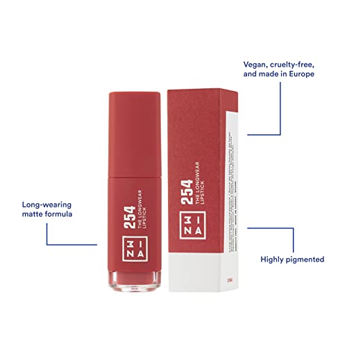 3Ina The Longwear Lipstick 254 - Naturally Hydrating, Fast Drying - Shades That Stay All Day - Suit Every Skin Tone - Cruelty Free, Paraben Free, Vegan Cosmetics - Dark Pink Nude Color- 0.22 Fl. Oz #TOP1