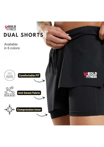 Image of BOLD FITNESS 2 in 1 Active Dual Shorts with Inner Tights Layer | Men's Double Layer Short for Running, Gym & Sports
