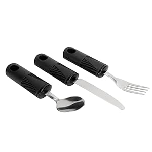 Qukaim Parkinson Adaptive Utensil 3-delige set adaptieve gebruiksvoorwerpen, roestvrij staal, breed rubberen handvat, verzwaard ontwerp voor Parkinson, gemakkelijke grip voor ouderen, geschikt voor