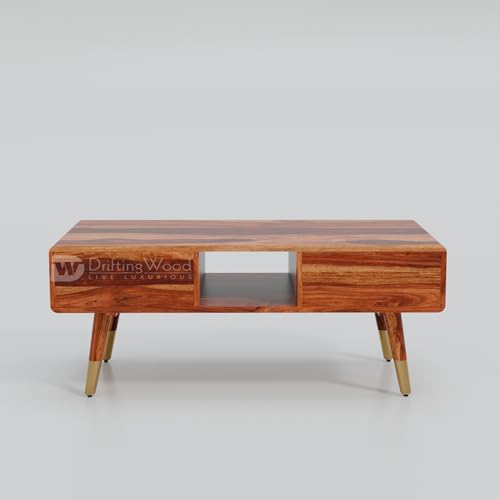 Image of DRIFTINGWOOD Amber Solid Sheesham Wood Coffee Table (100x50x43 cm) | Center Table with 2 Rattan Drawers, Open Storage | Honey Finish