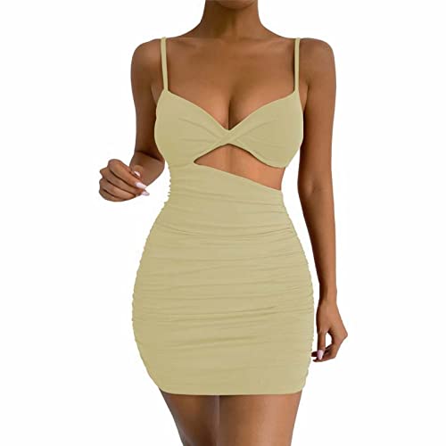 Lnmuld Dress For Women Elegant Casual Women's Bodycon Sleeveless Deep V Neck Summer Dress Wrap Ruched Cocktail Party Mini Khaki #TOP1