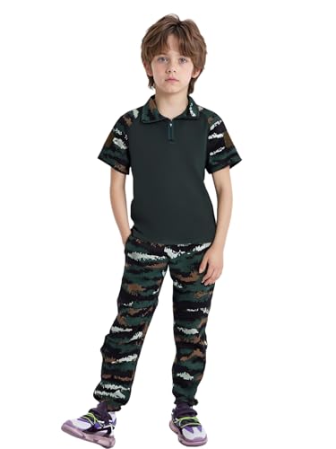 Kids Unisex Camouflage Print Military Training Suits Jogging Running Sportswear Top with Pants Set