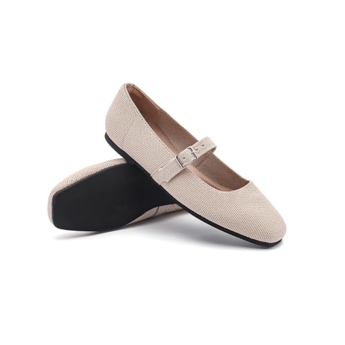 Women Knit Square Toe Ballet Flats Mary Jane Shoes with Adjustable Straps Slip On Comfortable Washable Office Dressy Casual Flat 168-beige-403