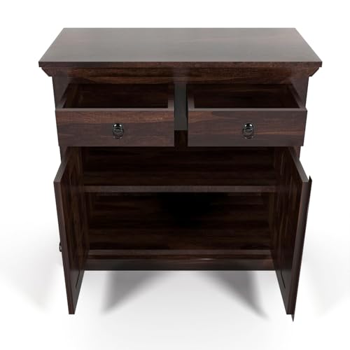 Image of Solid Sheesham Wood Sideboard Cabinet with Doors 2 Rack & 2 Drawers | Wooden Storage Cabinet for Living Room & Dining Room (Walnut Finish)