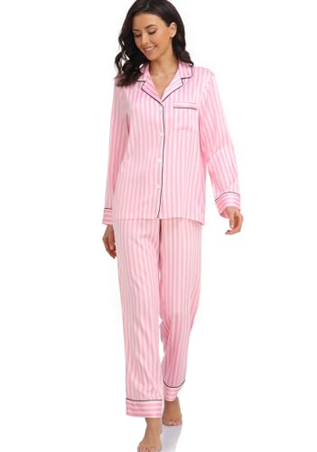 Image of Serenedelicacy Women's Satin Pajama Set Long Sleeve Button Down Sleepwear 2-Piece Silky Pj Set