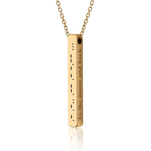 Personalized Necklace With Secret Morse Code - 4 Sides Engraved 3D Verticat Bar Pendant with Custom Text, Jewellery Gift for Boyfriend or Girlfriend (KP.2) (Gold, Chain length: 24