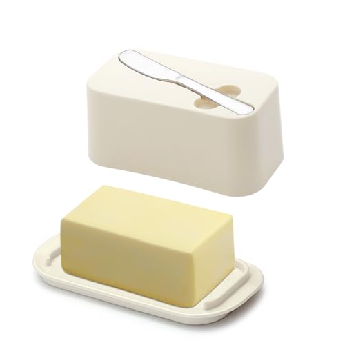 Evanda Plato de mantequilla con tapa para encimera y estante de la puerta del refrigerador con cuchillo untador de mantequilla, contenedor de bandeja de plástico para soporte de mantequilla