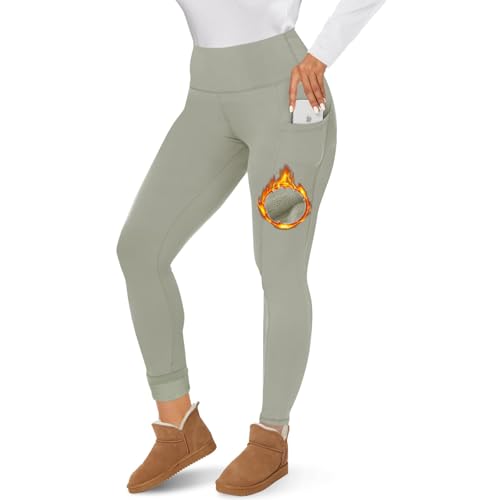 Image of CAMPSNAIL Fleece Lined Leggings Women - Thick Winter Thermal Warm Pants Pkt Tan Grey Large