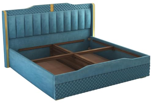 Image of Luxury Queen Size Upholstered Storage Bed with Diamond Tufted Padded Headboard | Premium Velvet Fabric Platform Bed Frame | Solid Wood Structure | Modern Bedroom Furniture | Ocean Blue
