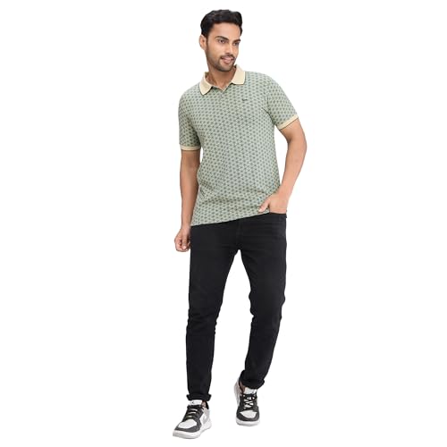 Image of Park Avenue Men's Slim Fit Print Pattern Cotton Polyester Blend Polo Neck Half Sleeve Casual T-Shirt