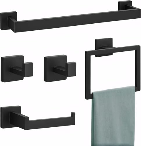 Eazmate 5-Piece Matte Black Bathroom Set, 16 Inch Towel Bar, Ring, Holder, 2 Hooks, Stainless Steel, Wall-Mounted