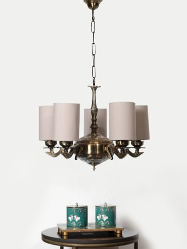 Image of Devansh 05 Lights Grey Round Cotton Shade with Antique Golden Chandelier