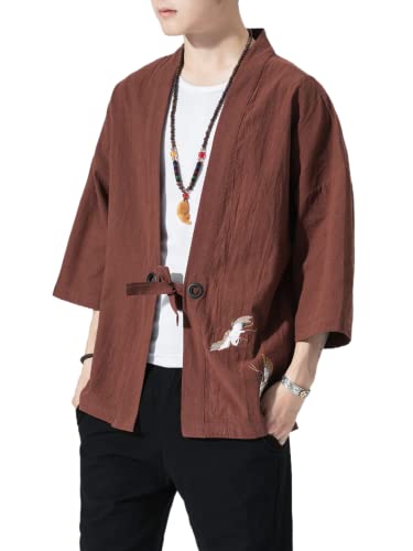 Image of Men's Japanese Kimono Cardigan Loose Cotton Linen 3 /4 Sleeve Open Front Casual Summer Shirt Jackets