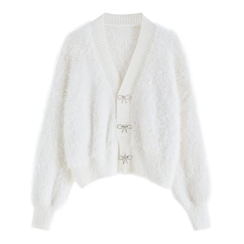 CHICWISH Women Crop Fuzzy Cardigan Bowknot Brooch Button Knit Cardigans Open Front Long Sleeves Sweater Tops