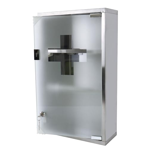 LILIIN Medicskåp, läkeskåp, medicinskåp i rostfritt stål, 3 fack läkeskåp med glasdörr och 2 nycklar, första hjälpen skåp husapotek, 30 x 12 x 50 cm