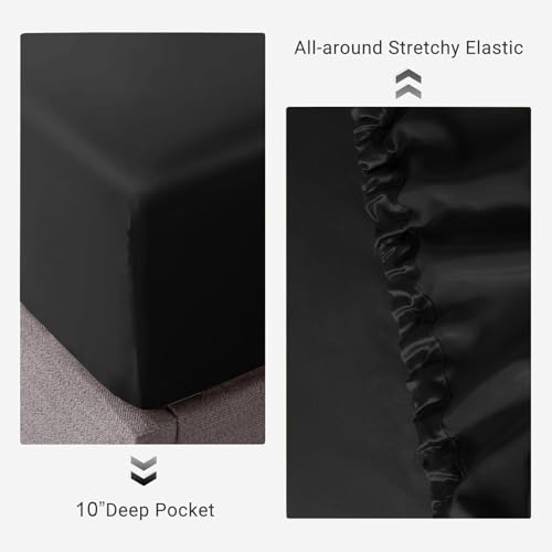 Image of Soft and Silk Satin Fitted Bedsheet for Single Size 36X75 +12 in - Elastic Fitted Sheet 400 TC Hotel Collection for Bedroom | Fitted Sheet with Pillow Cover - Black, Single Bed