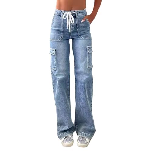 Unybwonn Women Straight Wide Leg Jeans High Waisted Baggy Strechy Casual Denim Trousers Boyfriend Drawstring Cargo Pants