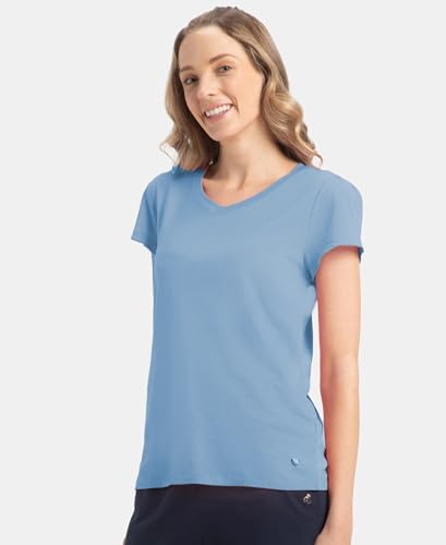 Image of Jockey RX12 Women's Micro Modal Cotton Relaxed Fit Solid V Neck Half Sleeve T-Shirt with Lace Trim On Sleeves
