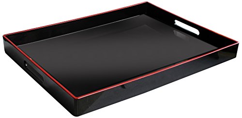 American Atelier 1270064 Red Rim Rectangle Serving Tray with Handles, 14x19, Black