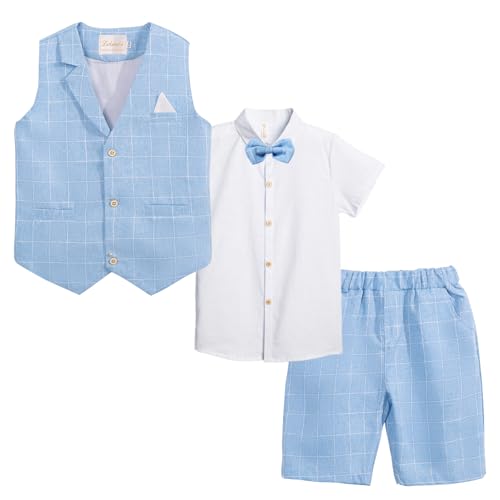 Image of Summer Boys Suit Dress Clothes Kids Wedding Ring Bearer Outfit 4Pcs Shirt Vest Shorts Set