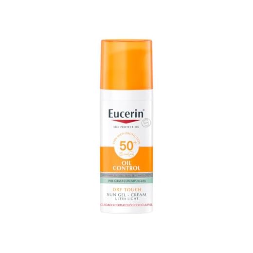 Eucerin Sun Gel Crema Oil Control Dry Touch FPS 50+ (50 ml), protección solar facial 50+ con filtros UVA/UVB, crema solar para piel grasa y propensa al acné, crema de sol con textura ultraligera