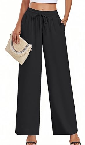 Women's Casual Pants Loose Fit Palazzo Pant Elastic Waist Drawstring Tie Knot Trousers with Pockets