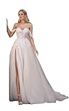 Off Shoulder Lace Wedding Dresses with Slit Long Tulle A-line Sweetheart Backless Beach Wedding Bridal Ball Gowns for Bride Ivory US8