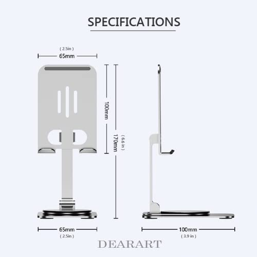 Image of DEARART Cell Phone Stand, 360 Adjustable Phone Stand for Desk, Silver Foldable Phone Holder Fully Carried Easily, Compatible Phone Pad Tablet etc.