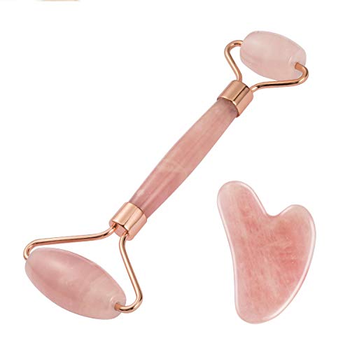 Rose quartz Face Roller Massager Anti-aging Jade Roller for Face and Gua Sha Massage Tool Set 100% Natural Quartz Massage Roller (Crystal Pink)