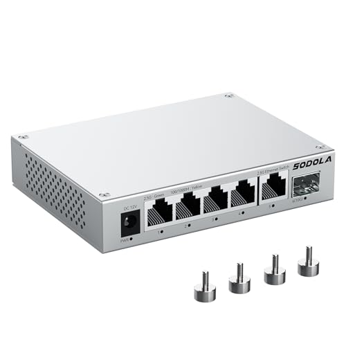 SODOLA 2.5 Gbit Switch 5X 2 5G Base-T Ports + 1x 10G SFP+ Aluminiumkühlung & Magnetfüße Lüfterlos Steckerfertig Unmanaged 2.5Gb Netzwerk-Switch für Wireless AP NAS PC