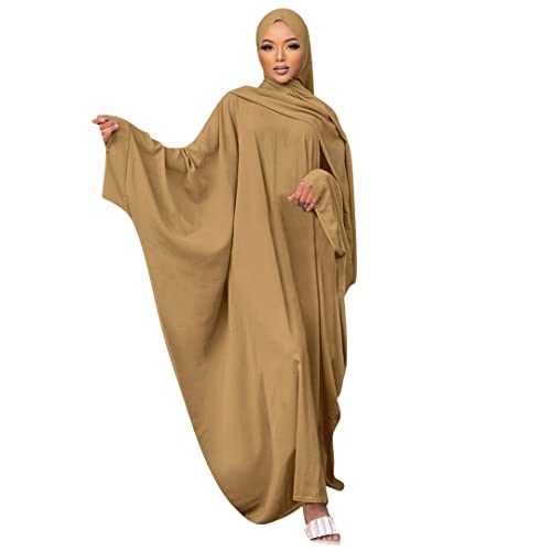 Robe de prière islamique kaki - Caftan grande taille style Dubaï et Turquie avec hijab