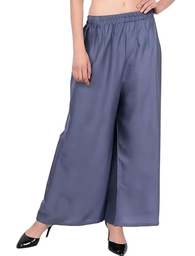 Image of FASHION GALLERY Women's Solid Rayon Palazzo Pants | Relaxed Fit Full Length Wide Leg Palazzo | Elastic Waist Comfortable Casual Lounge Office Ethnic Flared Trousers for Women