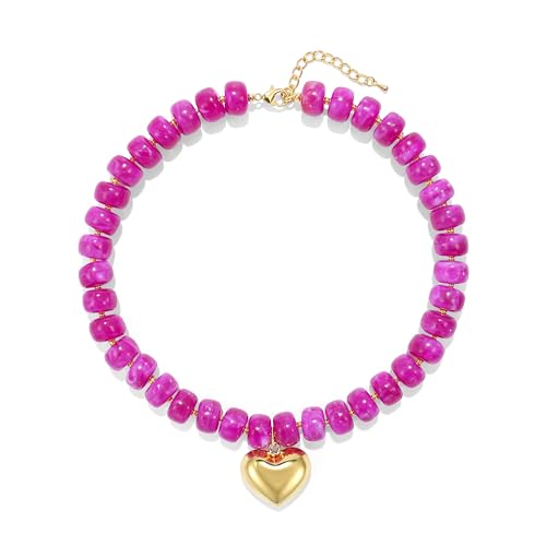 Wassazi Hot pink Chunky Beaded Necklace for Women, Colorful Acrylic Bead Statement Puff Heart Pendant Necklace, Cute Boho Y2K Choker Necklace for Gift Jewelry