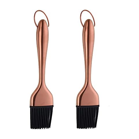 BISDARUN Silicone Barbecue Basting Brushes for Cooking Baking Pastry 2 Pieces Oil Brushes Stainless Steel Detachable Rose Gold Handle Length 20 cm/ 7.87 Inches Cover
