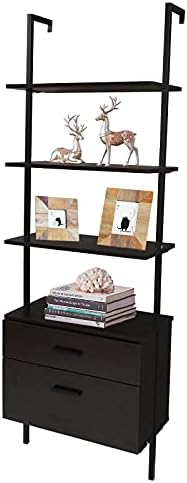 ACLULION 4 Tier Ladder Shelf, Industrial Bookshelf with 2 Cabinet, 70" Tall Leaning Bookshelf with Metal Frame, Wall-Mounted Bookcase for Office, Living Room, Bathroom, Dark Walnut Wood
