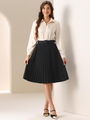 Allegra K Women's Pleated Skirt Elastic High Waist Belt Casual A-Line Midi Skirts2
